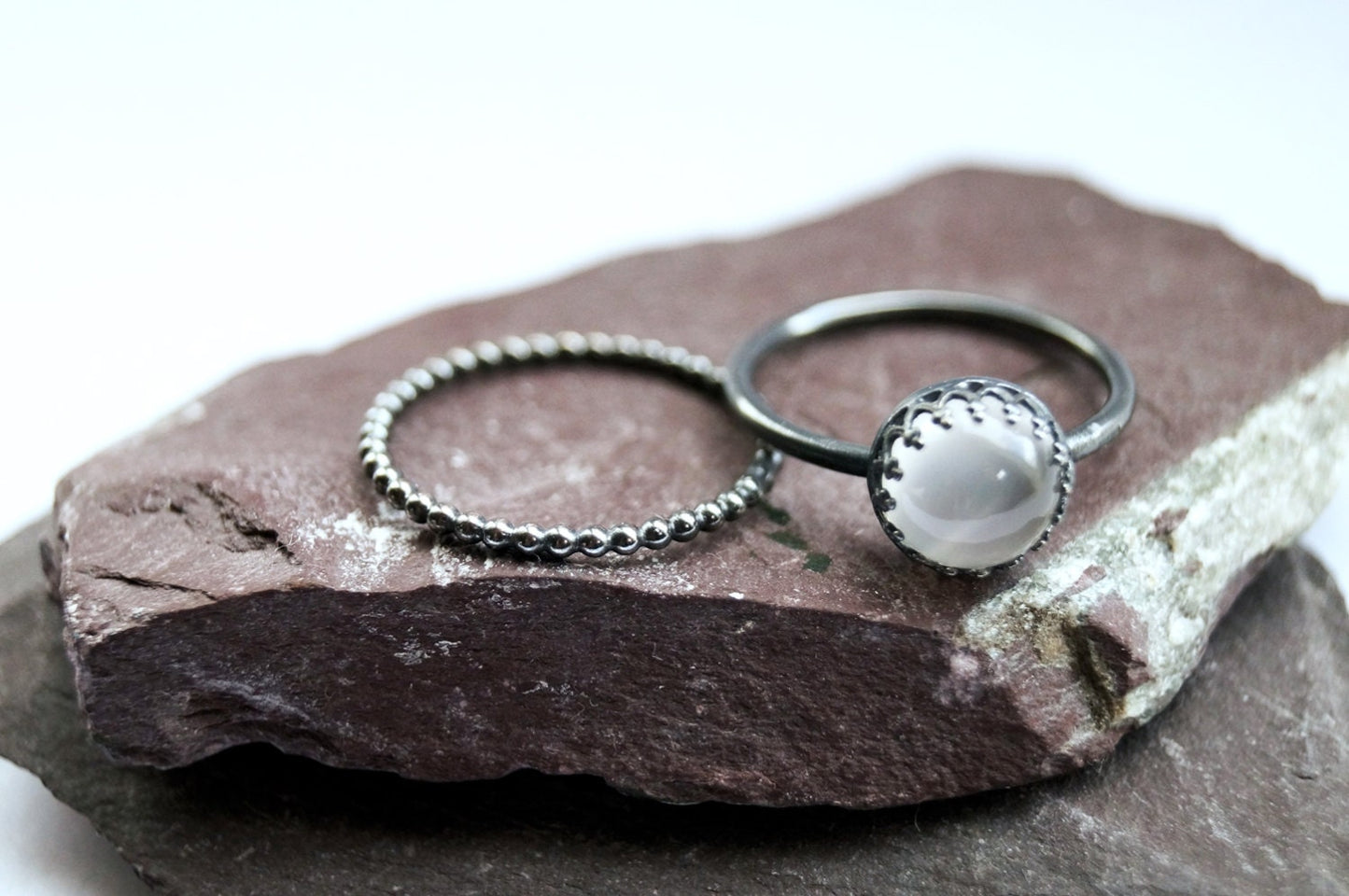 Gothic Crown Moonstone Recycled Sterling Silver Ring Stack