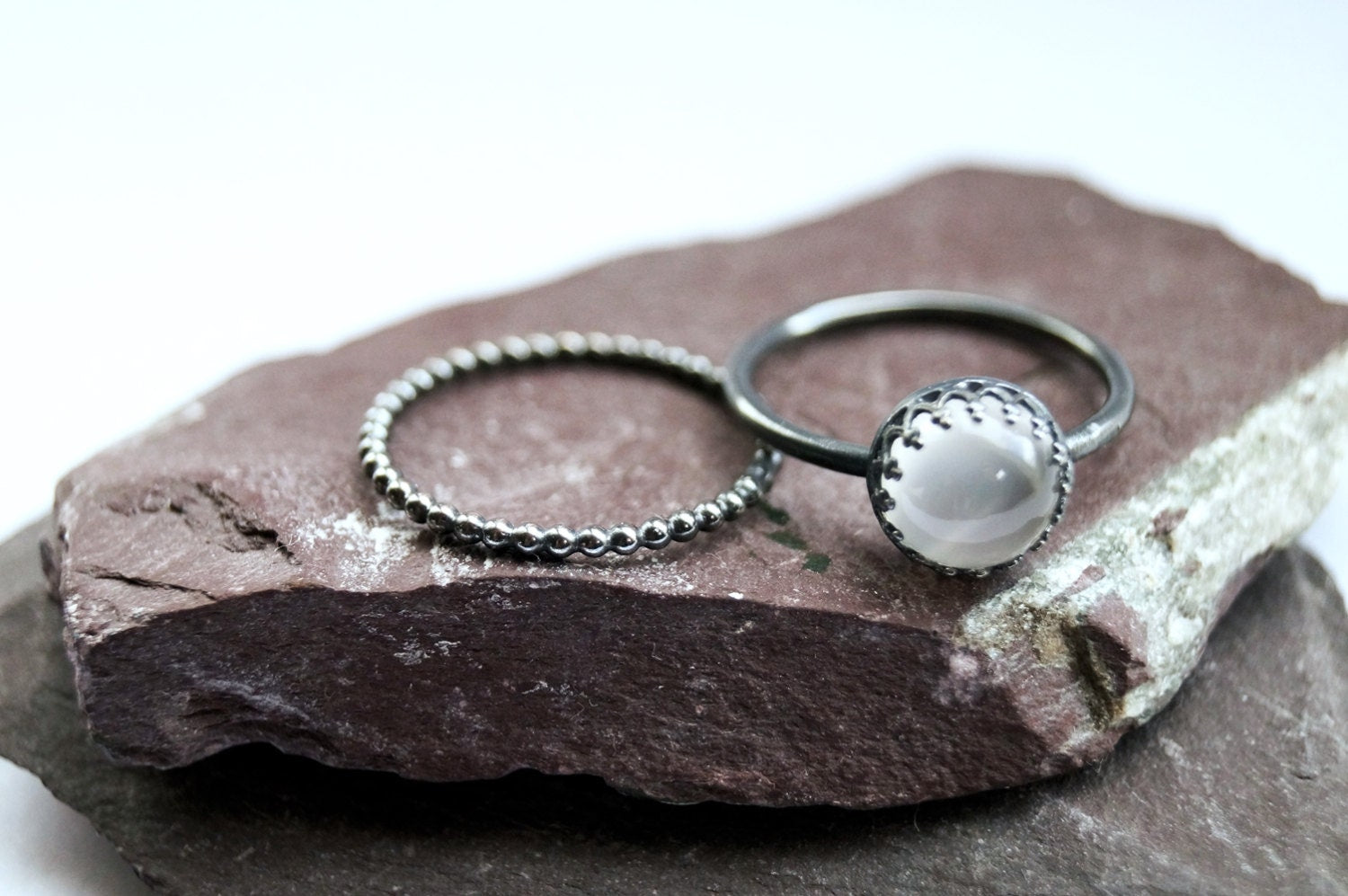 Gothic Crown Moonstone Recycled Sterling Silver Ring Stack