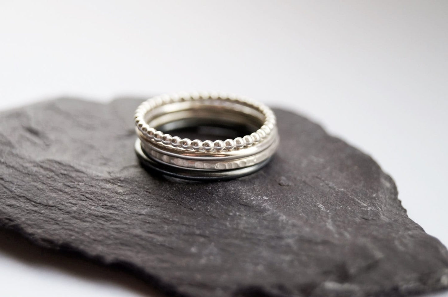 Four Recycled Sterling Silver Stacking Rings - hammered, silver bands, oxidised, modern, beaded, stackable, bubble ring, textured, recycled