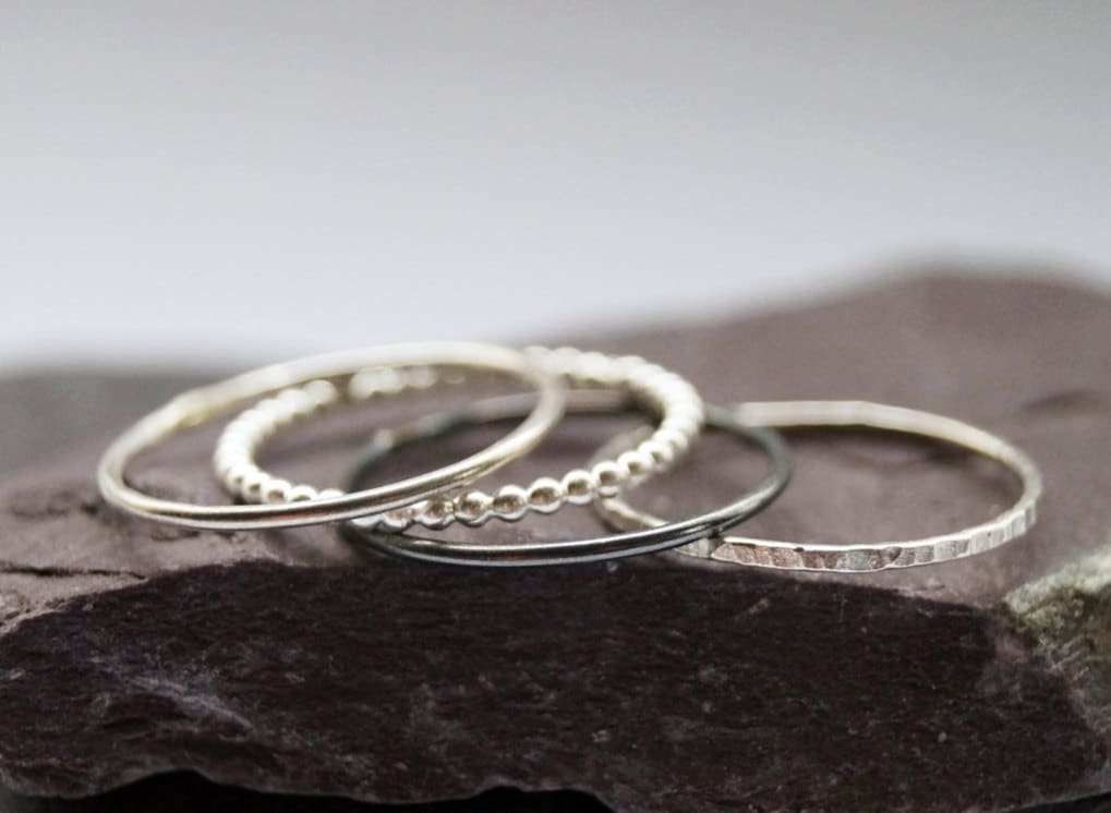Four Skinny Recycled Sterling Silver Stacking Rings - stacking rings, hammered, silver bands, stackable, texture, stocking filler