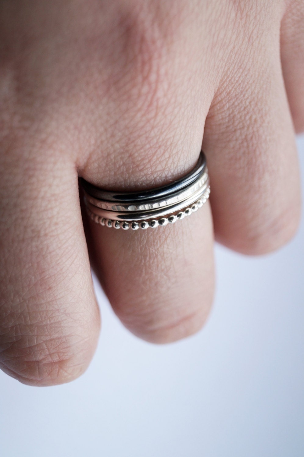Four Recycled Sterling Silver Stacking Rings - hammered, silver bands, oxidised, modern, beaded, stackable, bubble ring, textured, recycled