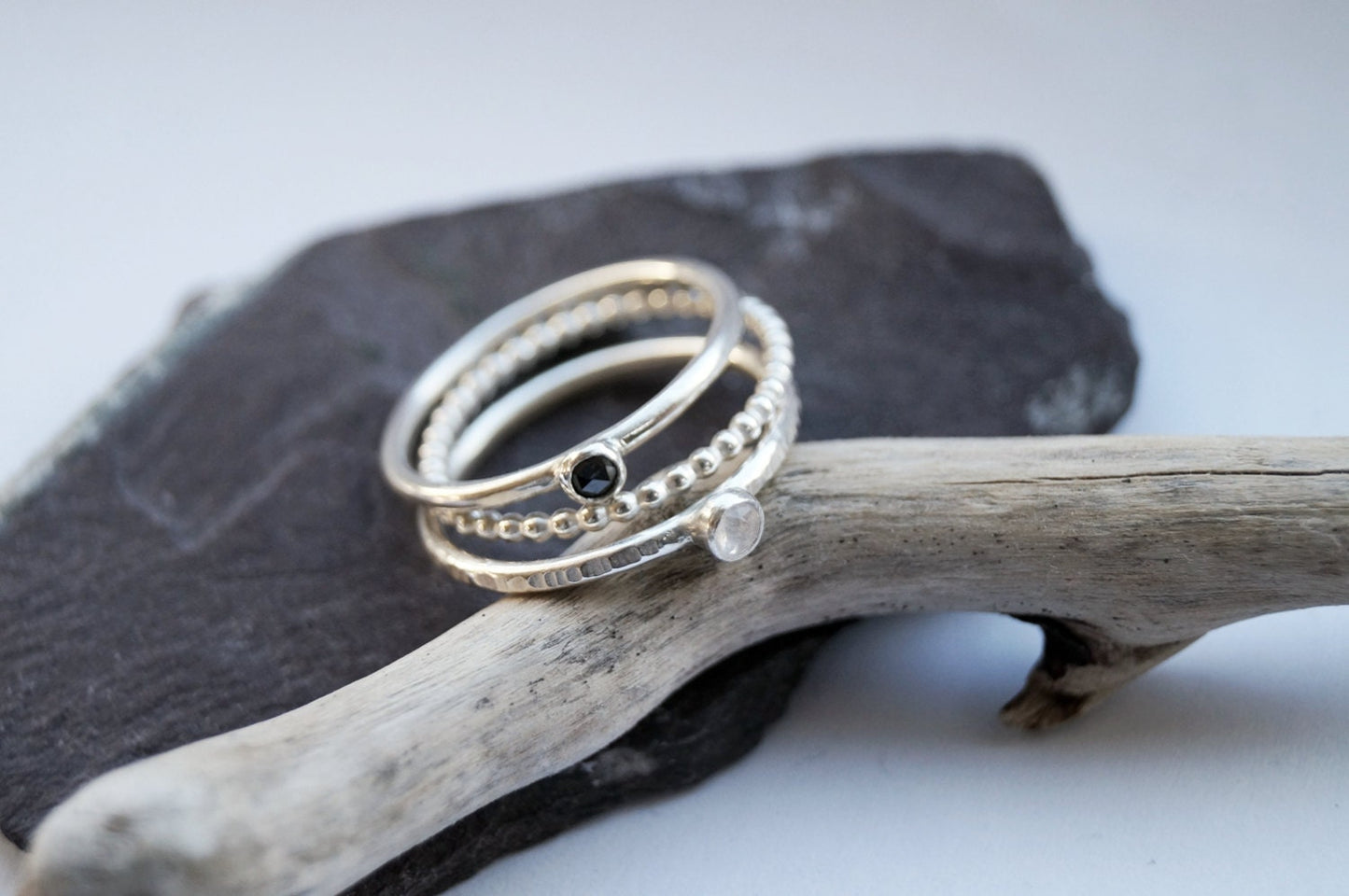 Black Diamond & Rainbow Moonstone Recycled Sterling Silver Stacking Rings