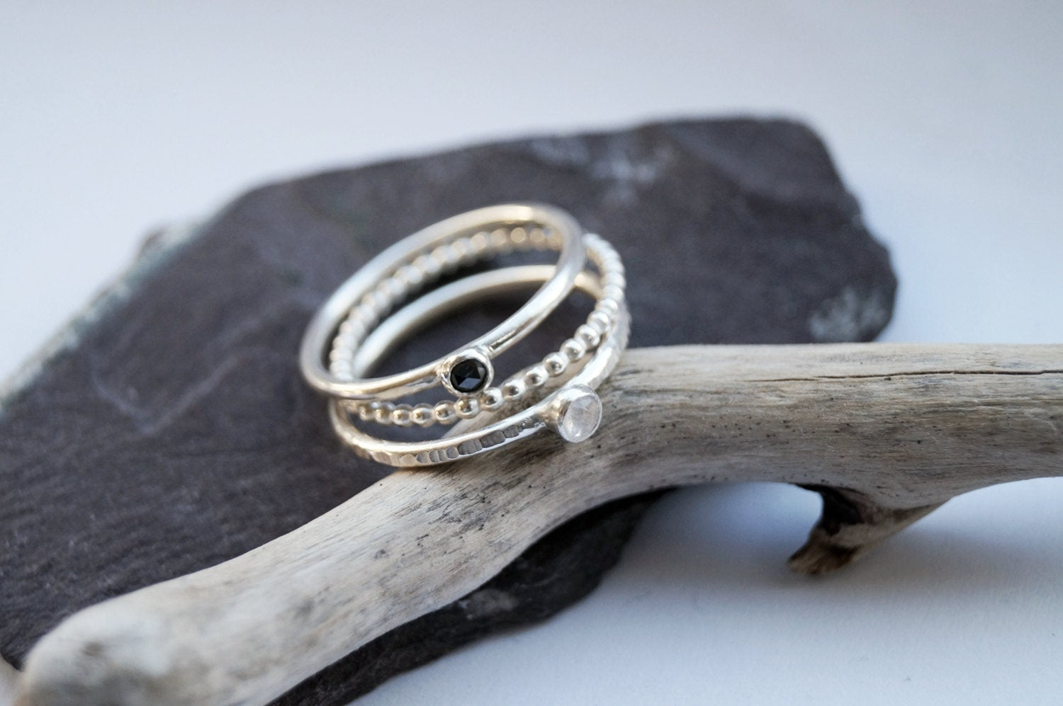 Black Diamond & Rainbow Moonstone Recycled Sterling Silver Stacking Rings