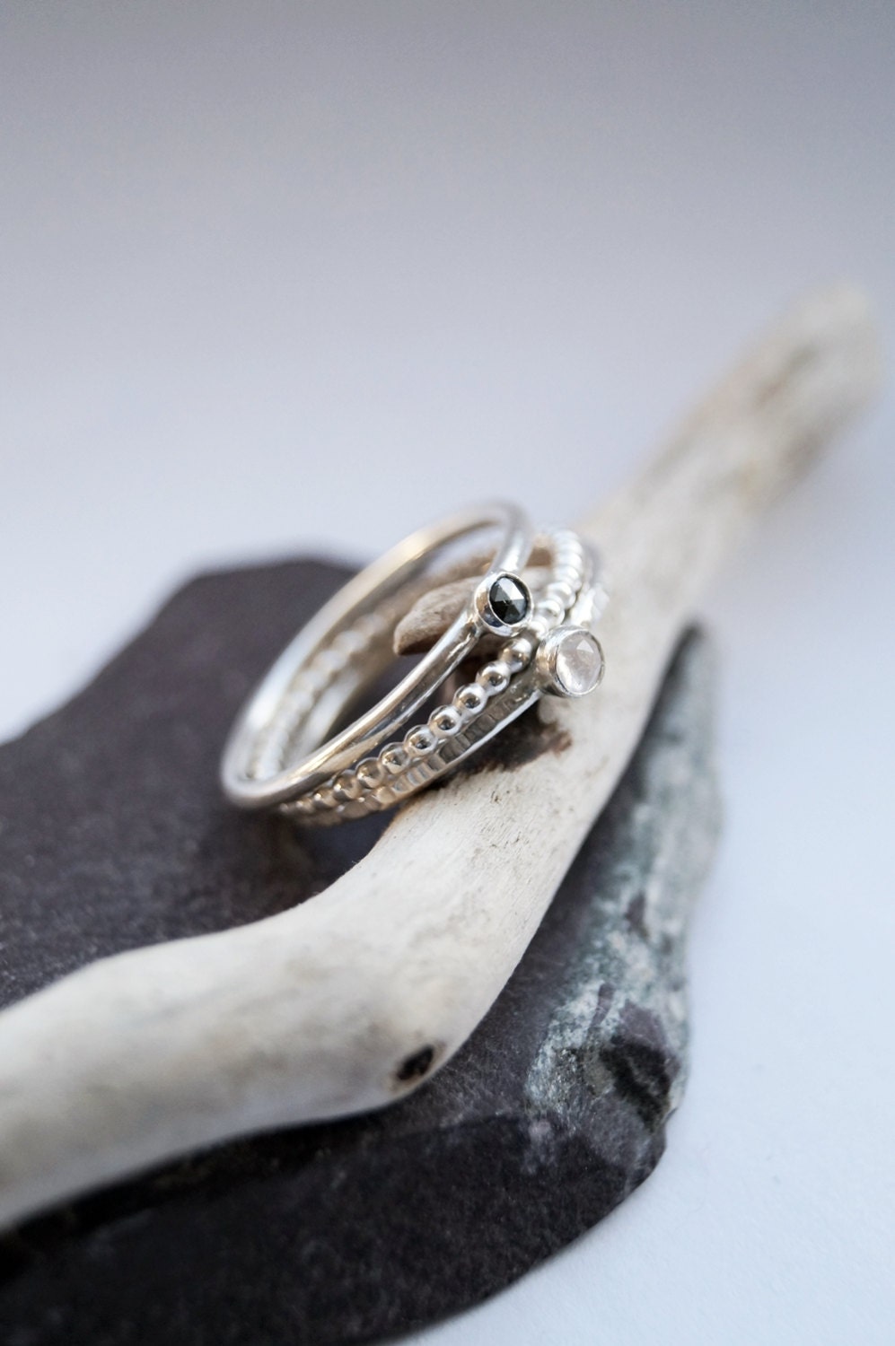 Black Diamond & Rainbow Moonstone Recycled Sterling Silver Stacking Rings ~ statement ring, hammered, gemstone