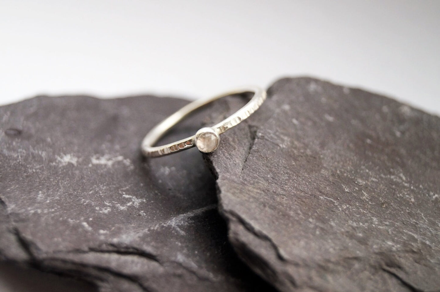 Rose Cut Rainbow Moonstone Hammered Recycled Sterling Silver Ring
