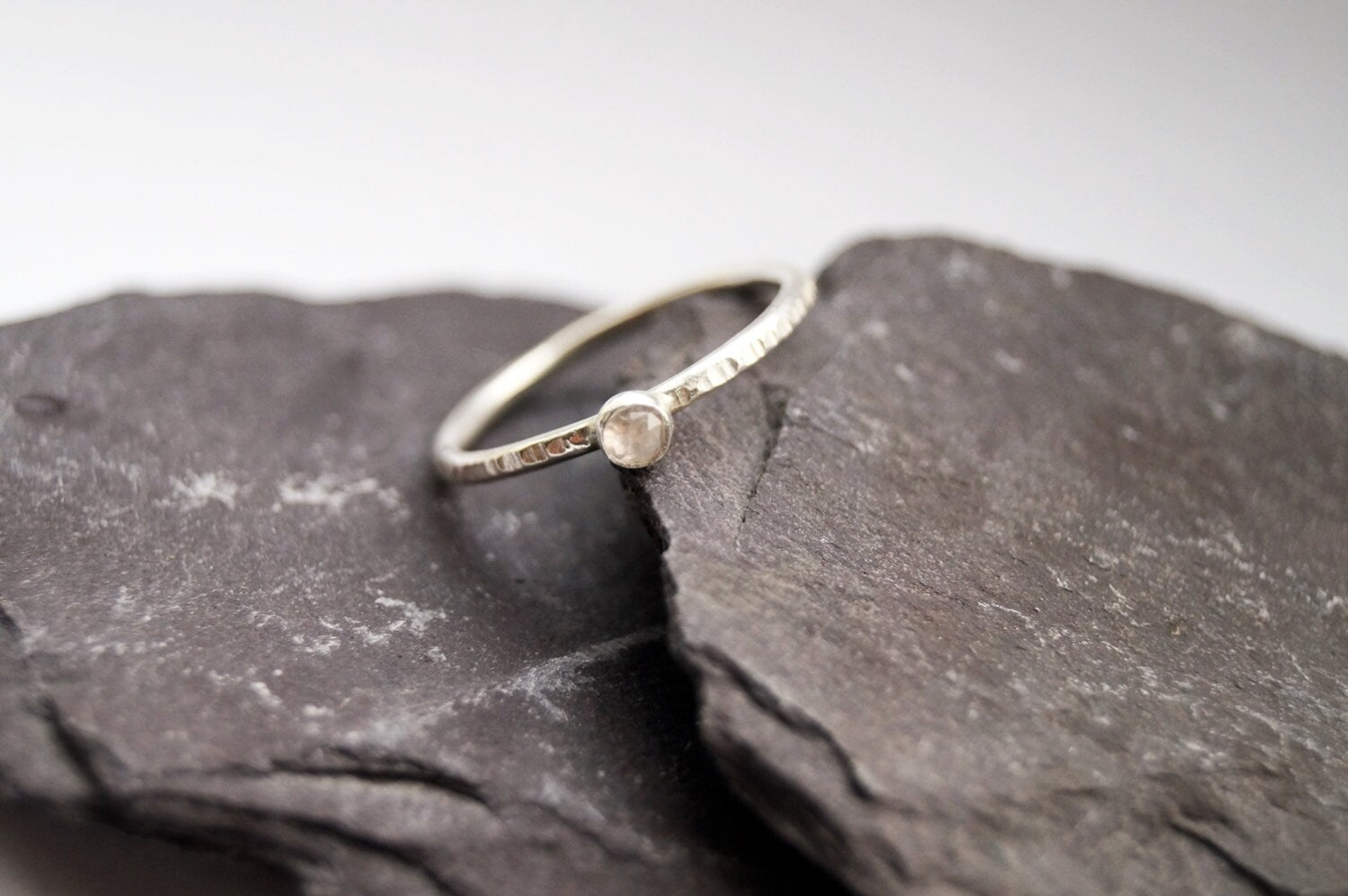 Rose Cut Rainbow Moonstone Hammered Recycled Sterling Silver Ring