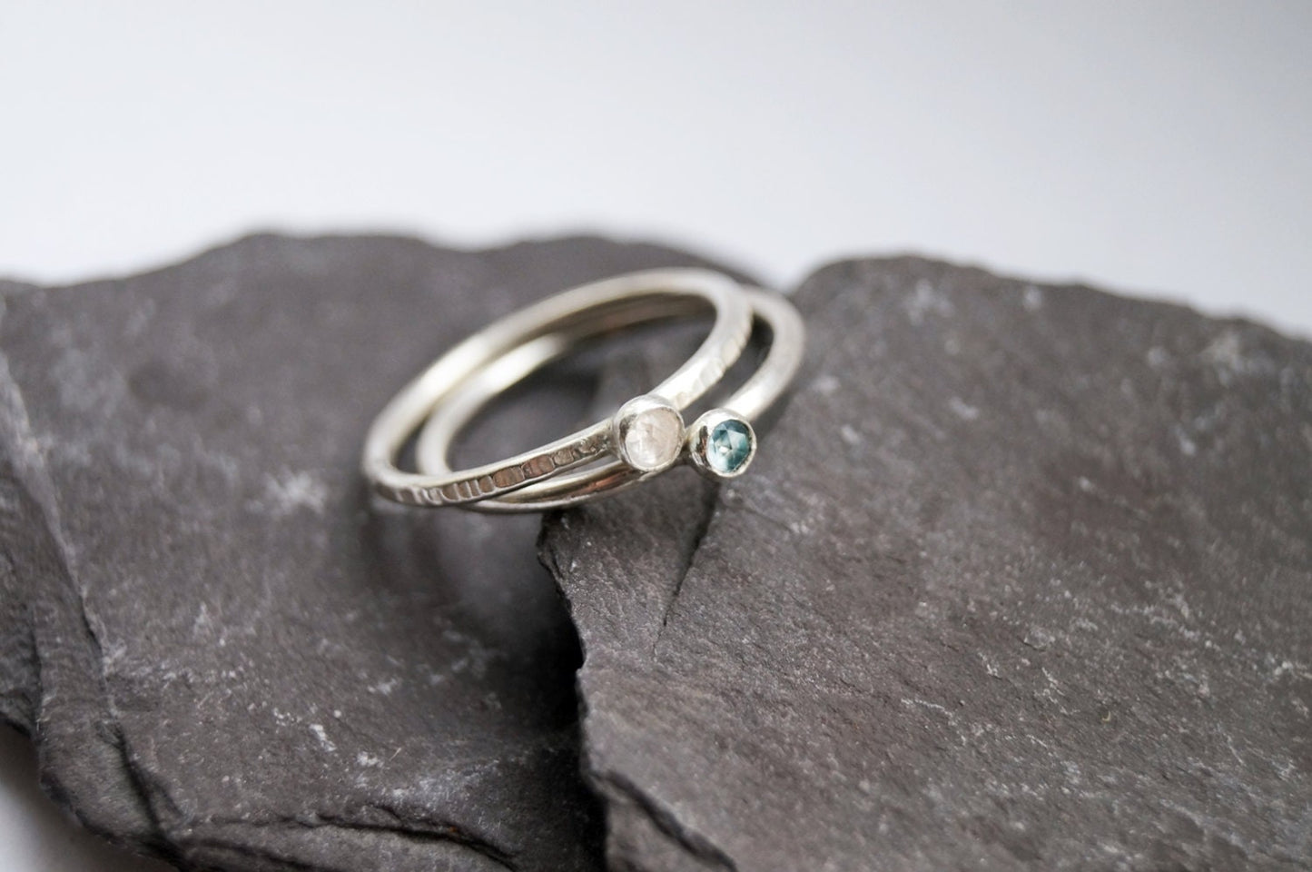 Rose Cut Moonstone & Topaz Recycled Sterling Silver Ring Duo