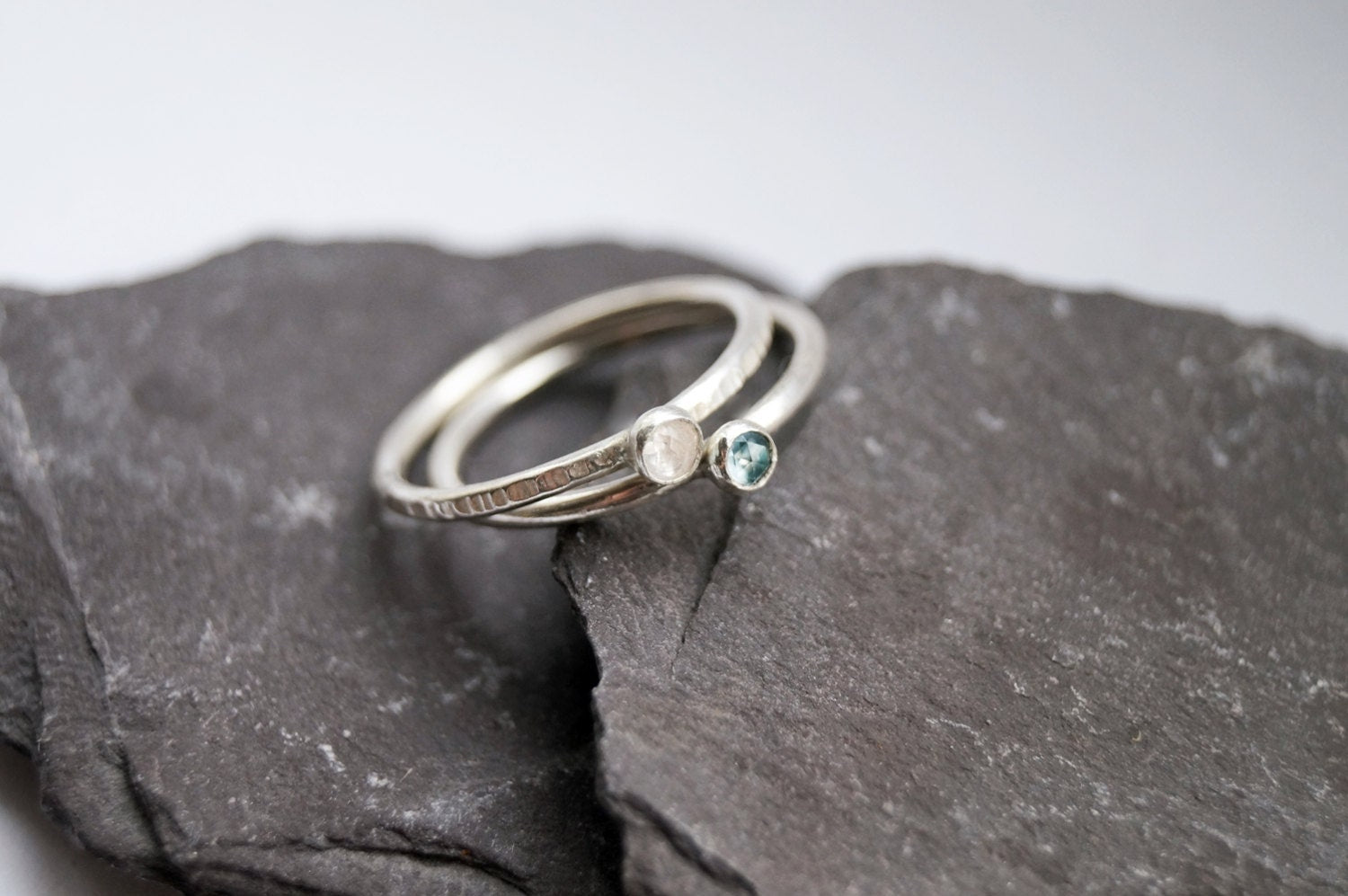 Rose Cut Moonstone & Topaz Recycled Sterling Silver Ring Duo