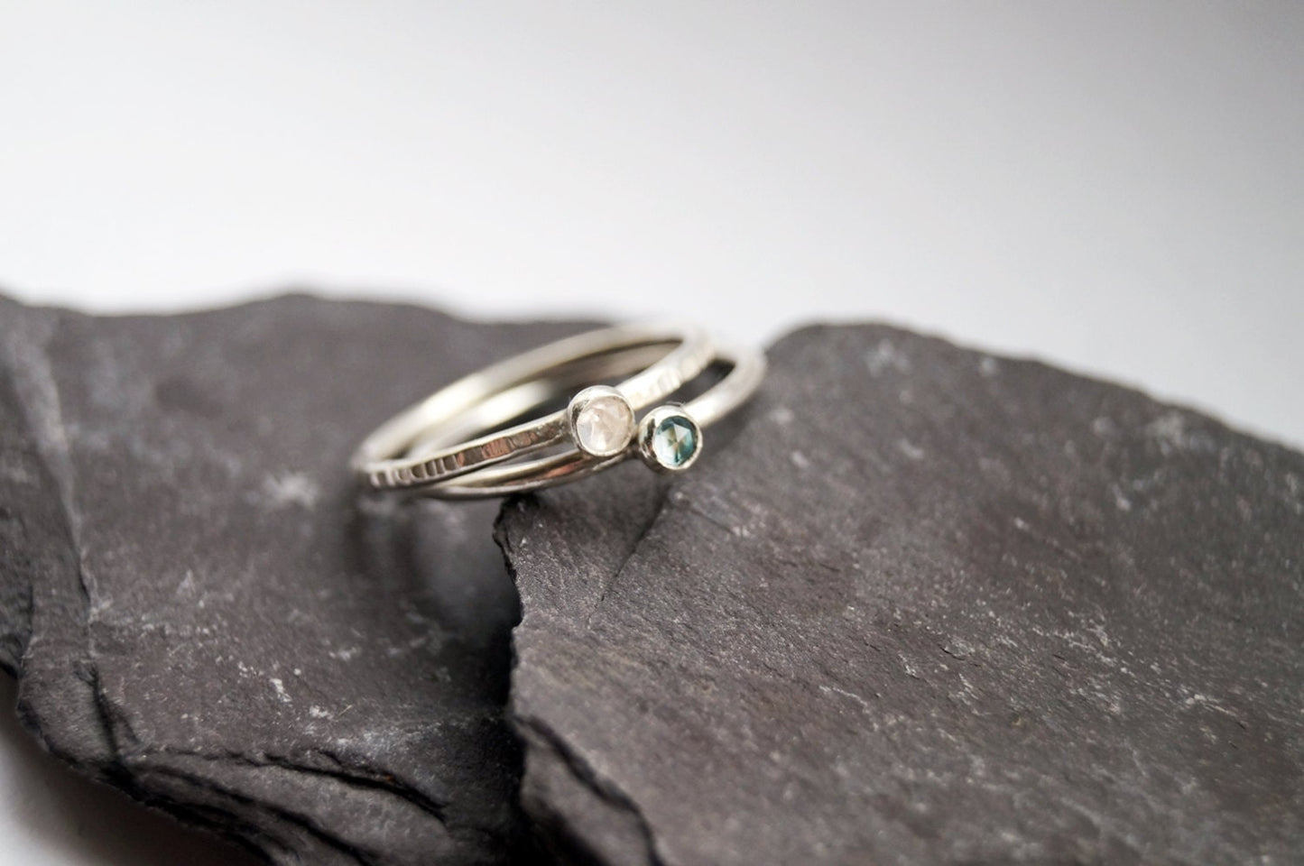 Rose Cut Moonstone & Topaz Recycled Sterling Silver Ring Duo