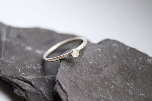 Rose Cut Rainbow Moonstone Hammered Recycled Sterling Silver Ring