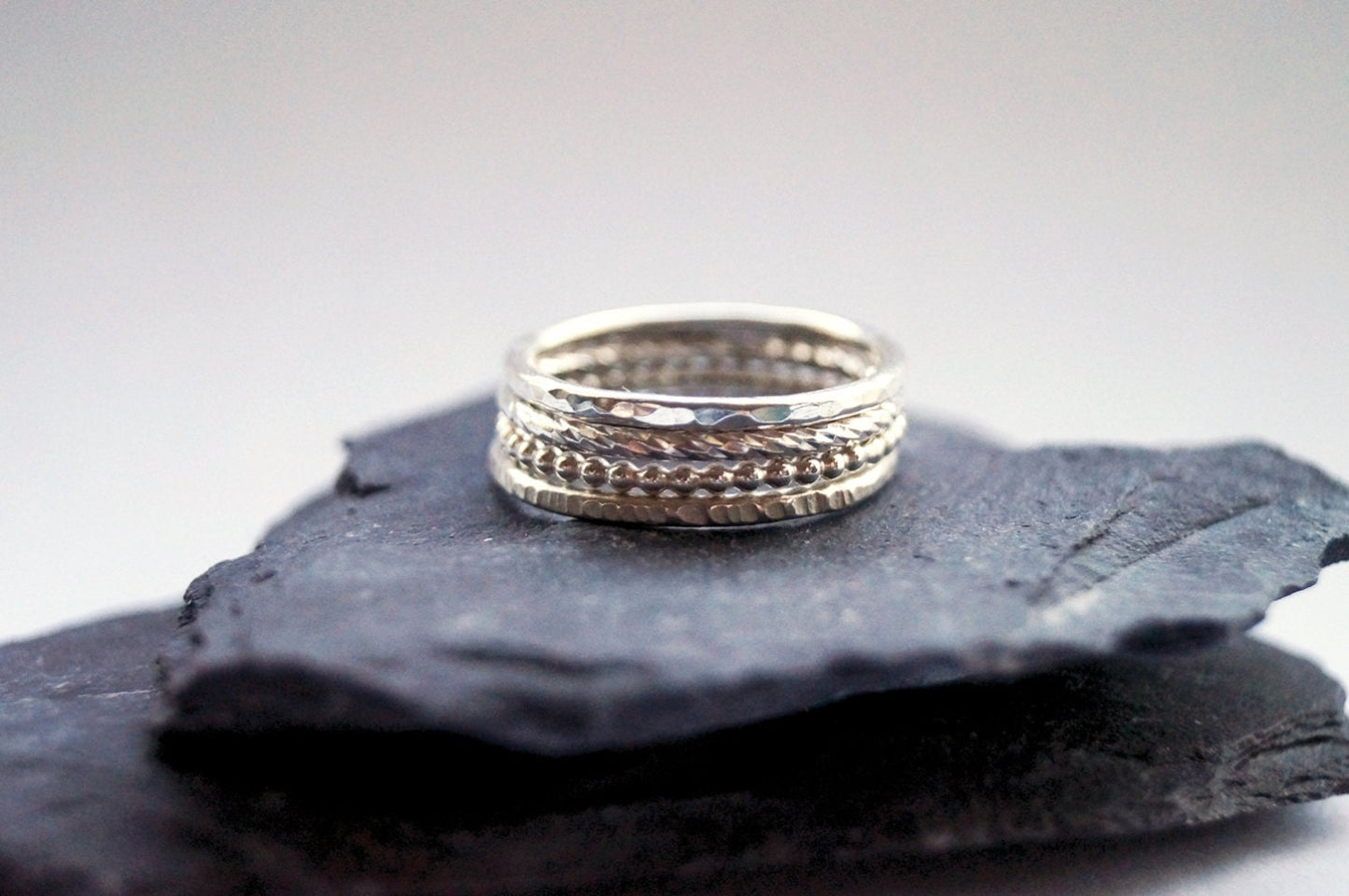 Sterling Silver Texture Stacking Rings - hammered, silver bands, oxidised, modern, beaded, stackable, beaded, textured, recycled
