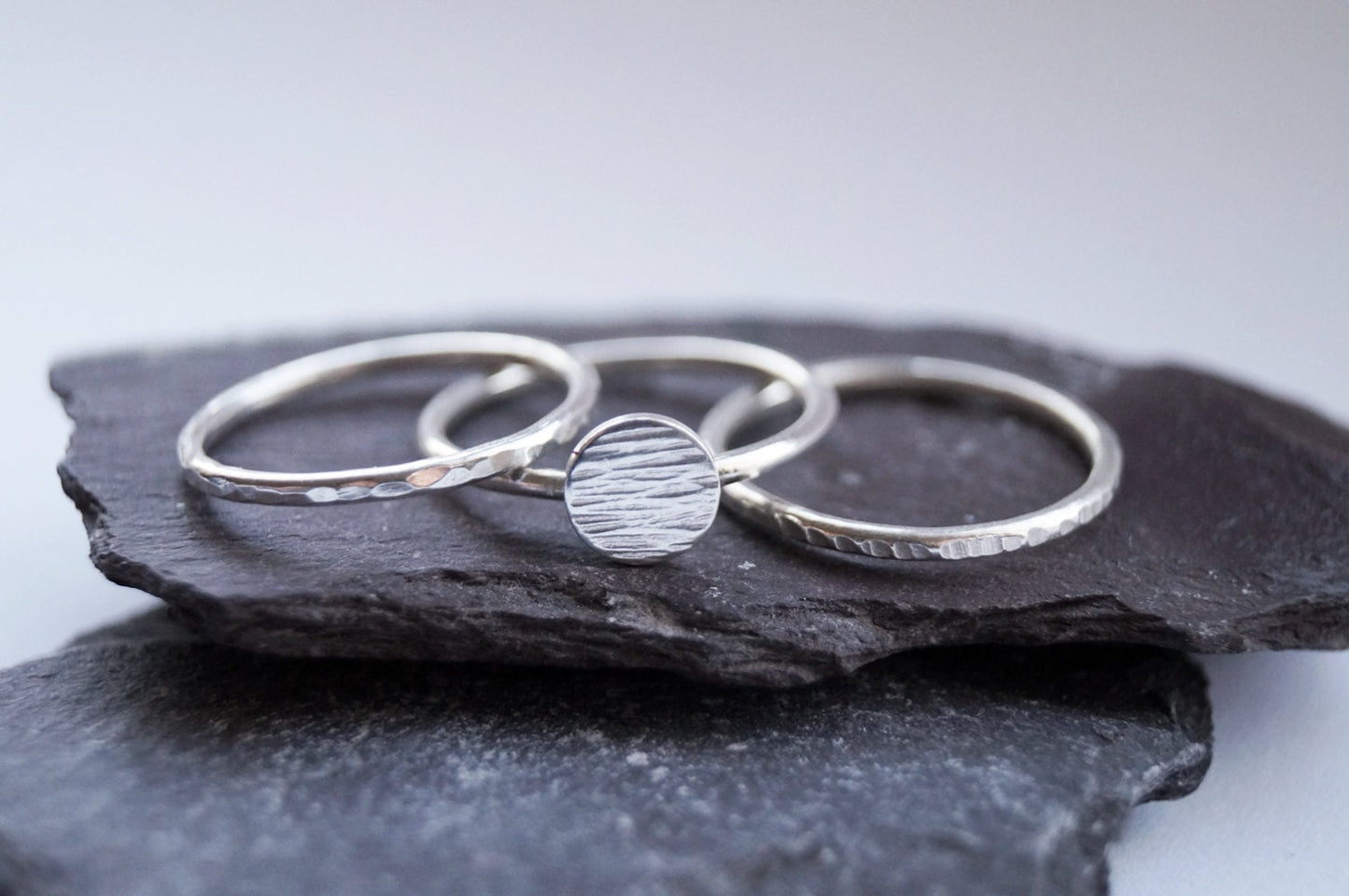 Hammered Disc Silver Stacking Rings
