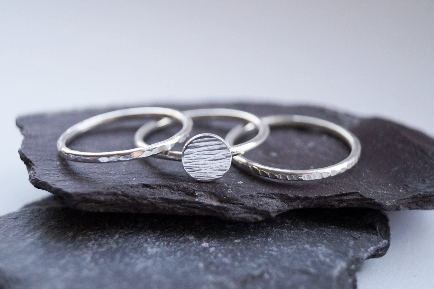 Hammered Disc Silver Stacking Rings