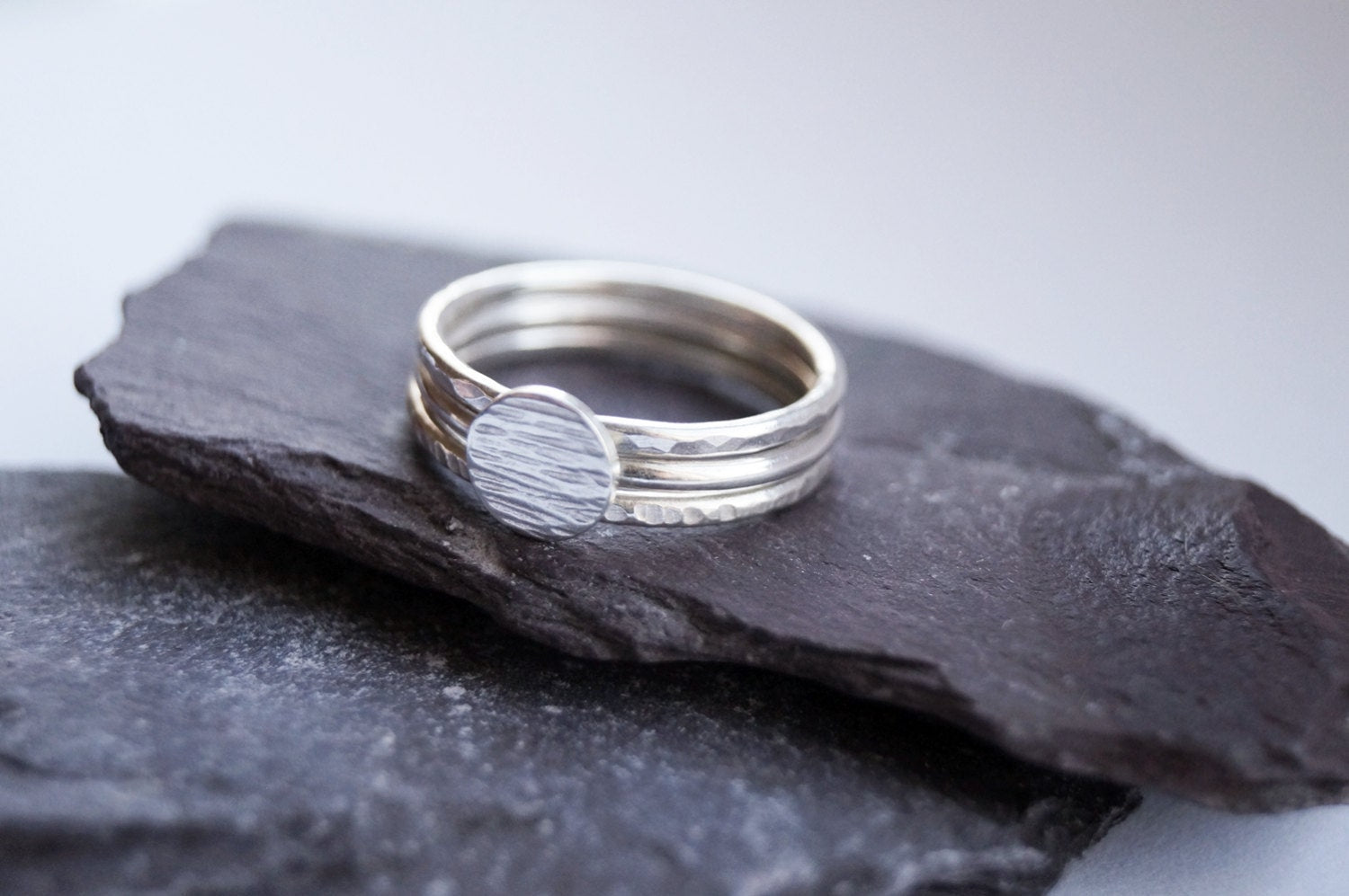 Hammered Disc Silver Stacking Rings