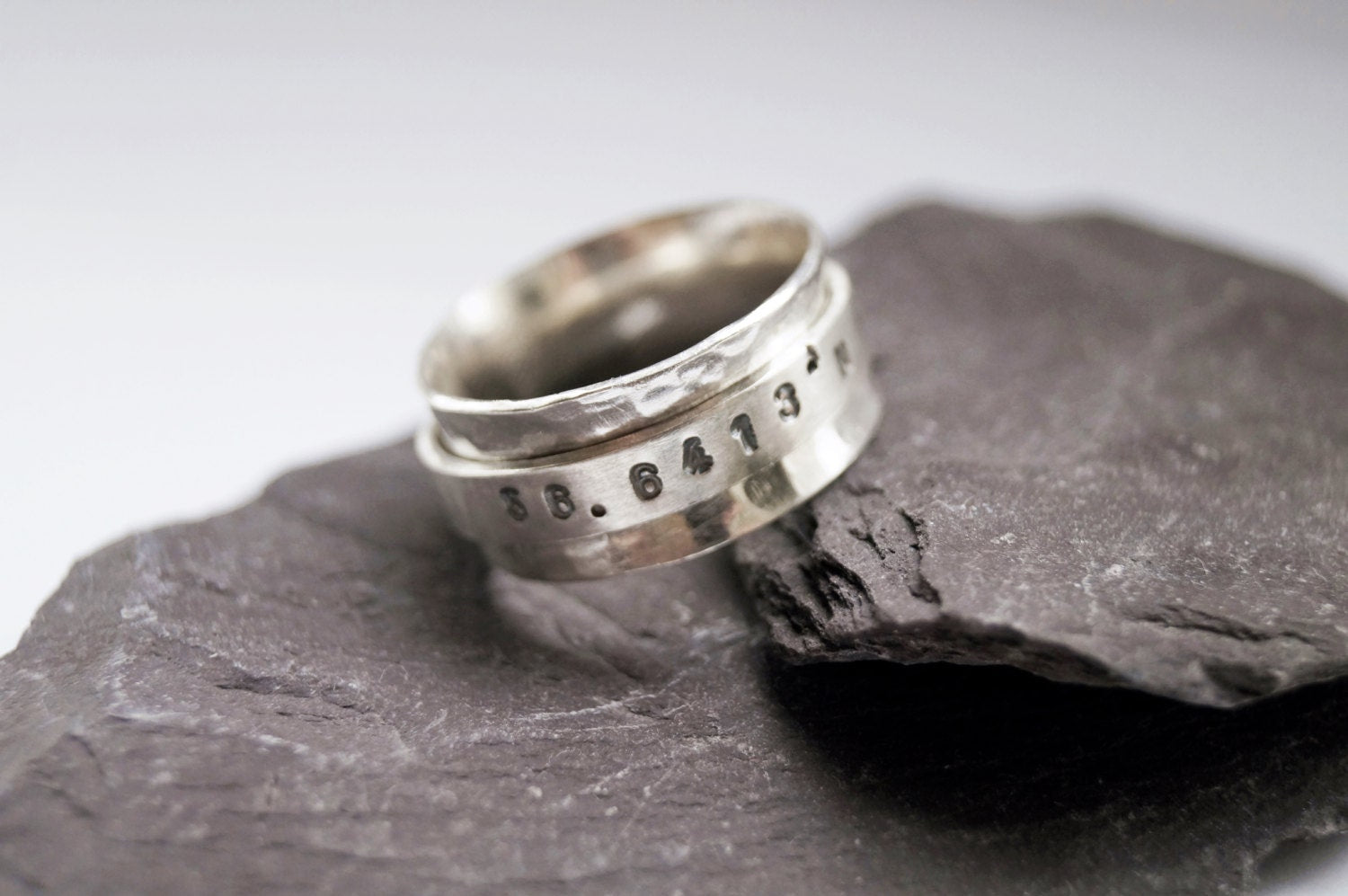 Personalised Sterling Silver Coordinates Spinner Ring ~ anxiety ring, spinner ring, recycled, fidget ring, meditation ring