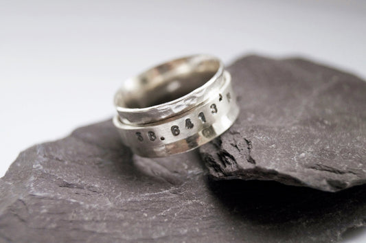 Personalised Sterling Silver Coordinates Spinner Ring ~ anxiety ring, spinner ring, recycled, fidget ring, meditation ring