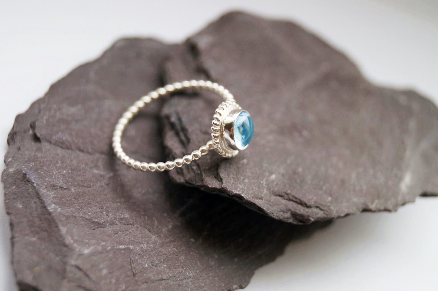 Topaz Beaded Setting Recycled Sterling Silver Ring ~ statement ring, stacking ring, gemstone, unique, gothic, victorian, blue, solitaire