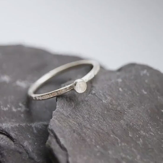 Rose Cut Rainbow Moonstone Hammered Recycled Sterling Silver Ring