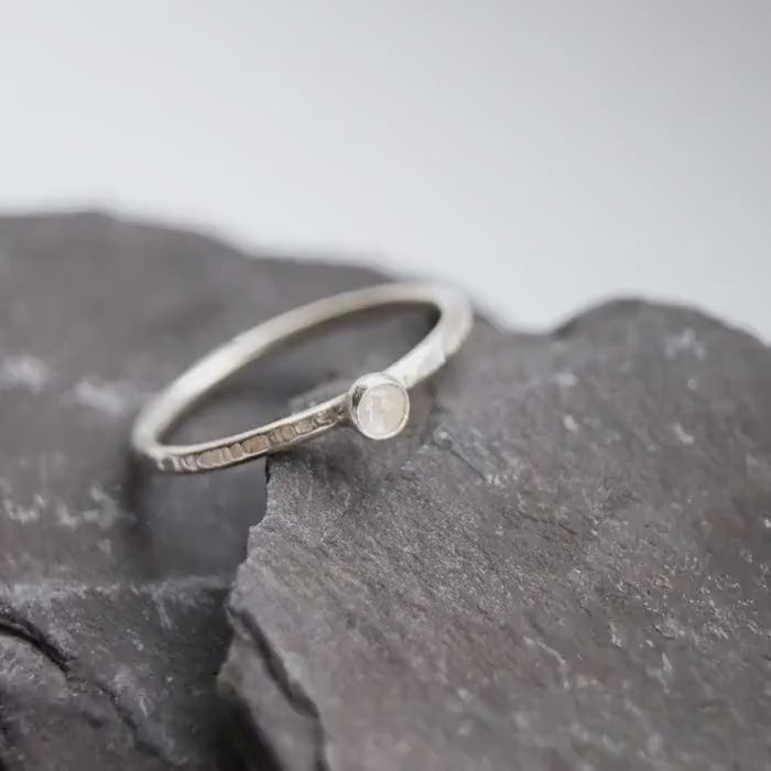 Rose Cut Rainbow Moonstone Hammered Recycled Sterling Silver Ring