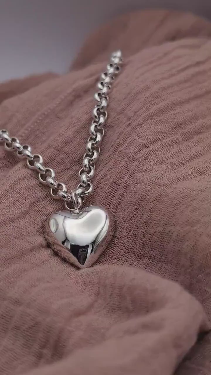 Heavy Chunky Solid Heart Sterling Silver Necklace