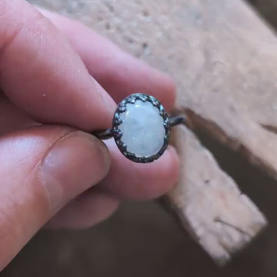 Rainbow Moonstone Crown Recycled Sterling Silver Ring