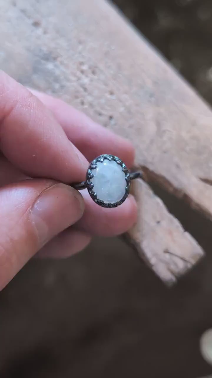 Rainbow Moonstone Crown Recycled Sterling Silver Ring