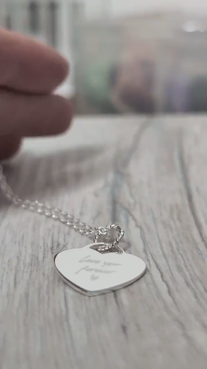 Handwriting Personalised Heart Sterling Silver Necklace ~ real handwriting, engraved, birthday, gift for her, co-ordinates, name