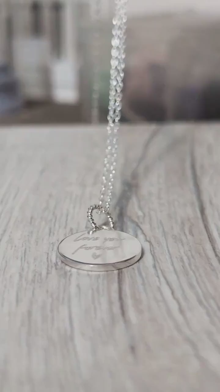 Handwriting Personalised Sterling Silver Necklace ~ real handwriting, engraved, birthday, gift for her, co-ordinates, name, round pendant